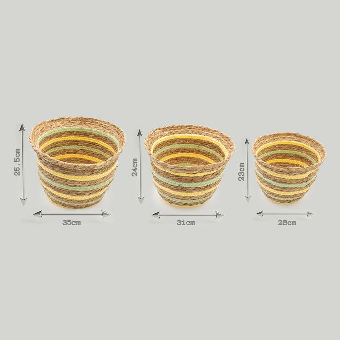 Set of 3 Seagrass & Straw Vase Shaped Baskets Natural Yellow & Green
