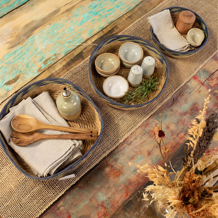 Set of 3 Straw & Seagrass Tray Baskets Natural Green & Blue