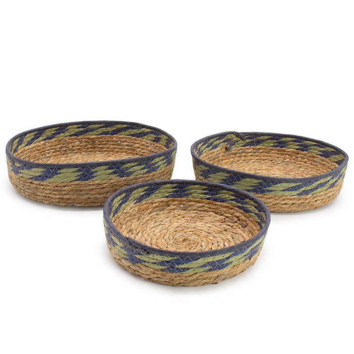 Set of 3 Straw & Seagrass Tray Baskets Natural Green & Blue