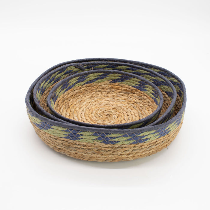 Set of 3 Straw & Seagrass Tray Baskets Natural Green & Blue