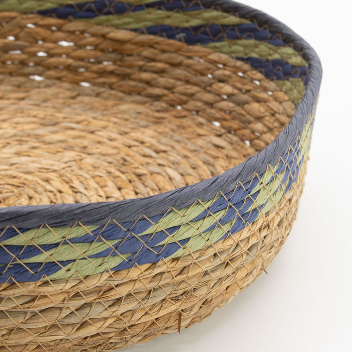 Set of 3 Straw & Seagrass Tray Baskets Natural Green & Blue