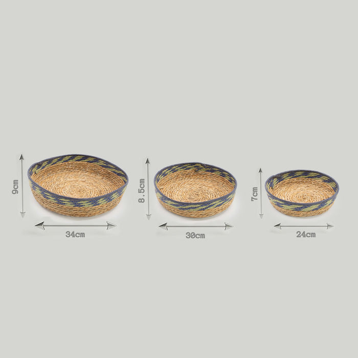 Set of 3 Straw & Seagrass Tray Baskets Natural Green & Blue