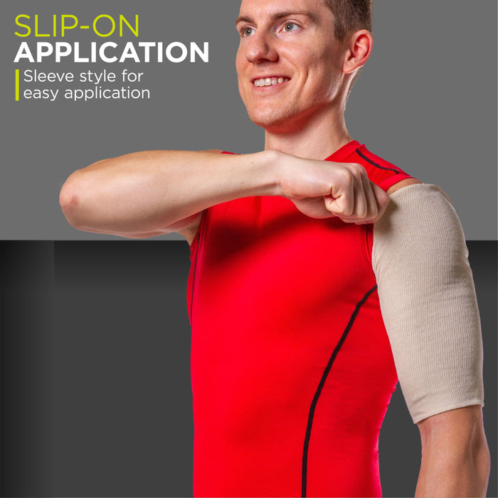 A slip-on sleeve for humeral upper arm fractures helps compress the shoulder and keep the injury clean