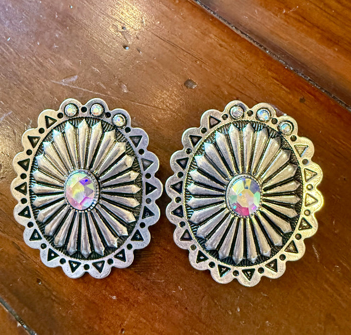 Silver Oval Concho & Crystal Earrings