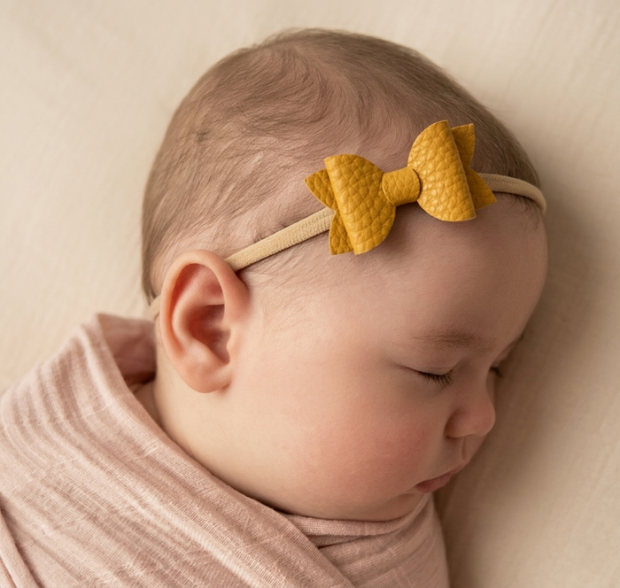 Newborn baby sleeping, wearing a mustard coloured leather bow headband