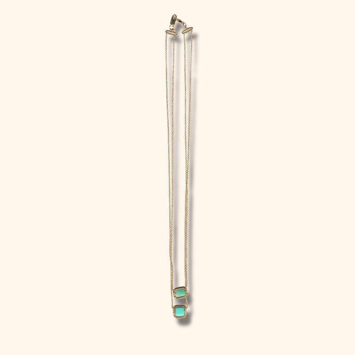 Turquoise square wire-wrapped pendant on 14k gold-filled chain, small size.