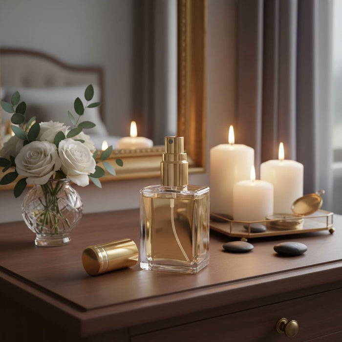 Perfume bottle with flowers and candles on a wooden surface