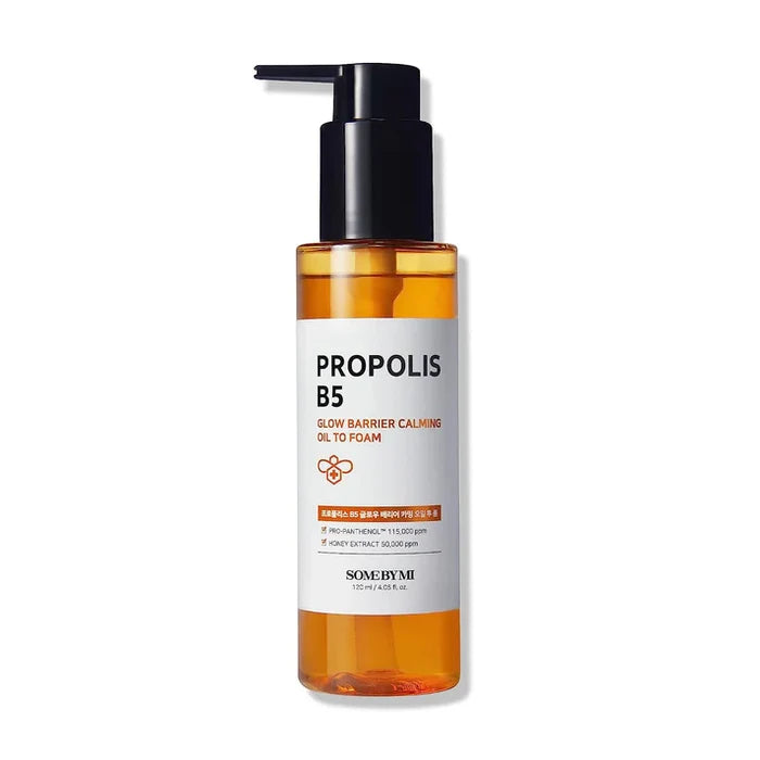 Some By Mi Propolis B5 Glow Barrier Calming Oil to Foam in 120ml bottle, featuring a clear pump dispenser and skincare label.