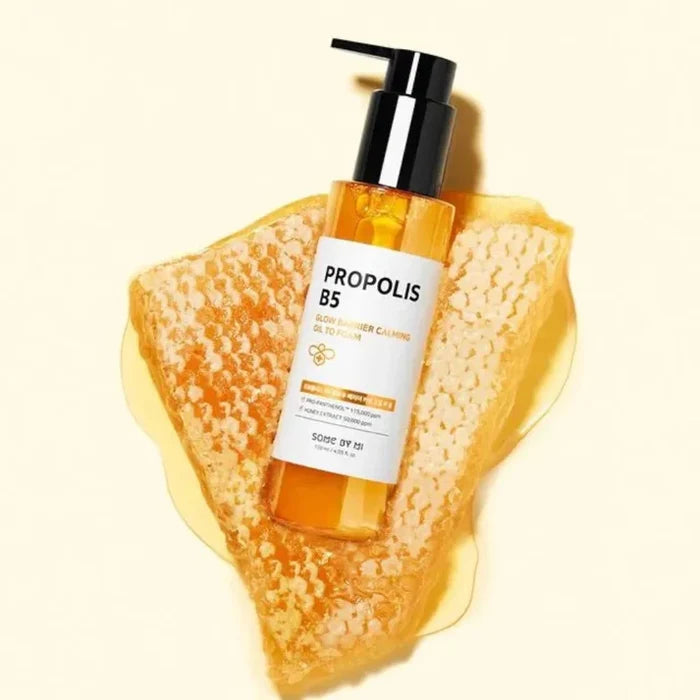 Some By Mi Propolis B5 Glow Barrier Calming Oil to Foam in a 120ml bottle, featuring a clear pump dispenser and skincare branding.