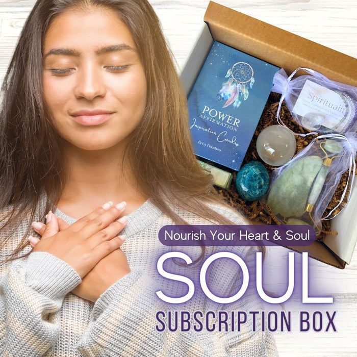 Woman with her hands on her heart. Soul subscription box in the back