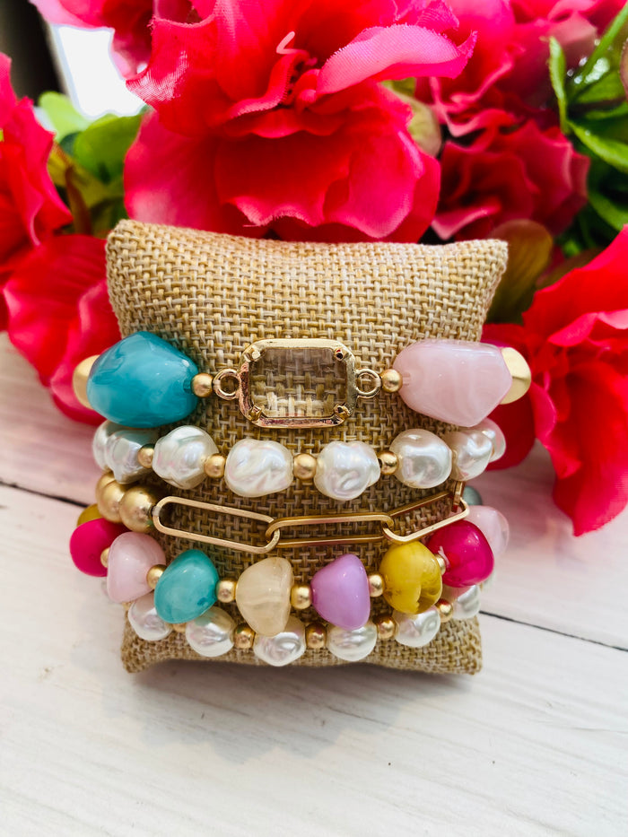 Spring On My Mind Chunky Stone Pearl Gold Bracelet Stack