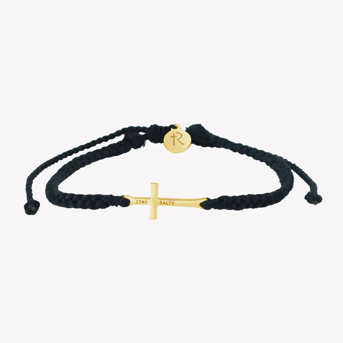 Stay Salty Cross Black Braided Cord Bracelet- Gold