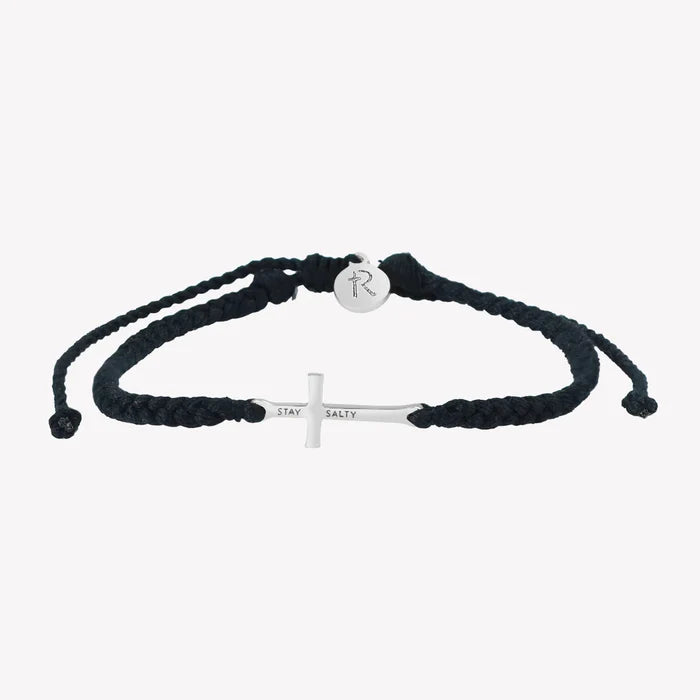 Stay Salty Cross Black Braided Cord Bracelet- Silver