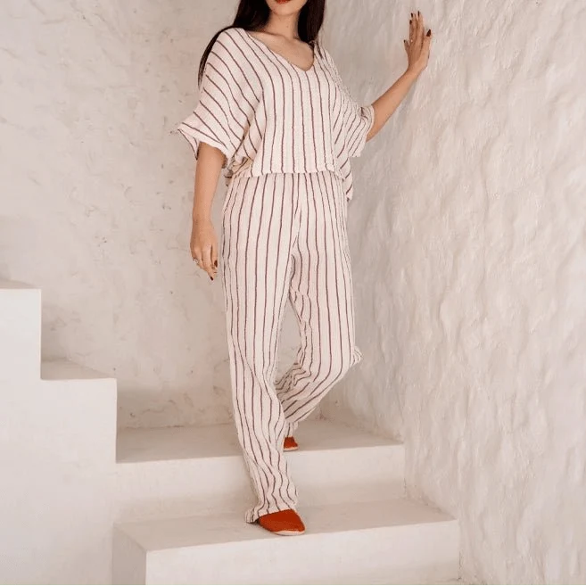 HAWA Sundown Stripe 2 - Piece Cotton Set - Burgundy - Waha Lifestyle