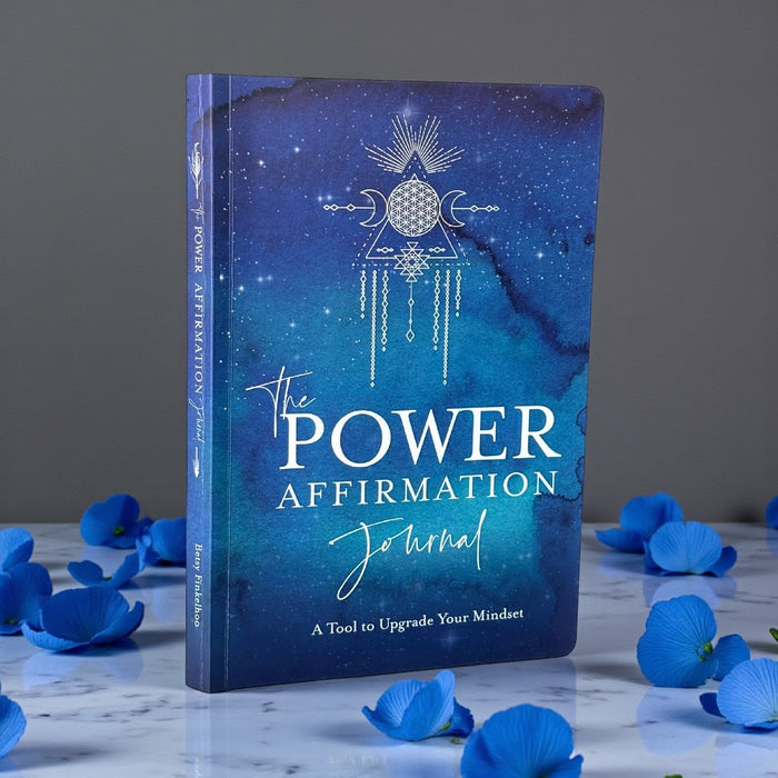 Blue journal titled 'The Power Affirmation Journal' with decorative elements on a gray background.