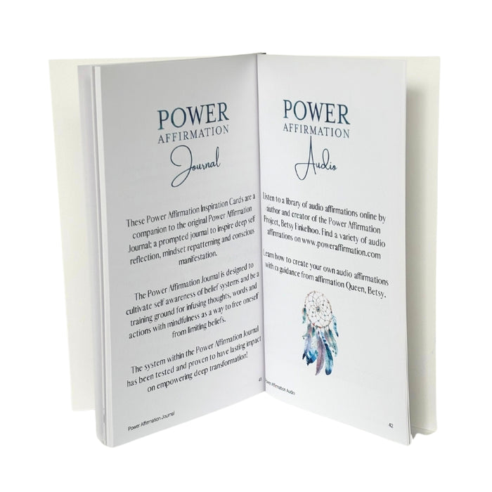 Open book showing pages with 'Power Affirmation' text and a logo on a white background