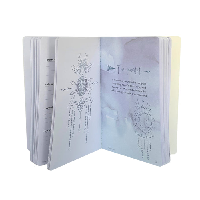 Open book with mystical illustrations and text on a white background