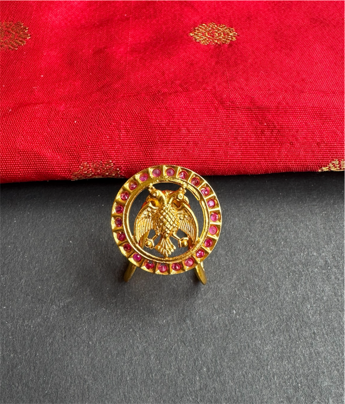 The Rujuta Silver Vanki Gandaberunda Adjustable Finger Ring (Red)