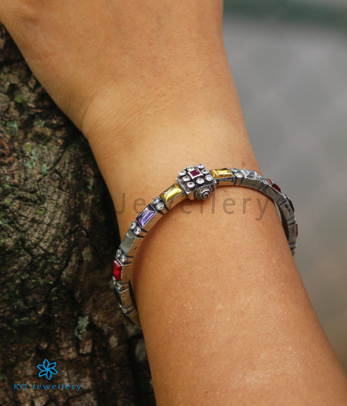 The Sattva Silver Navratna Bracelet-Single (Oxidised/Size 2.2/2.4/2.6/2.8)
