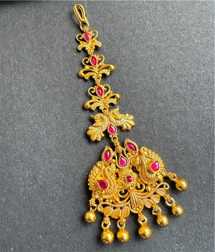 The Svarnika Silver Peacock Bridal Maang Tikka (Red)