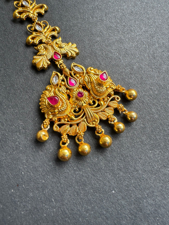 The Svarnika Silver Peacock Bridal Maang Tikka (Red)