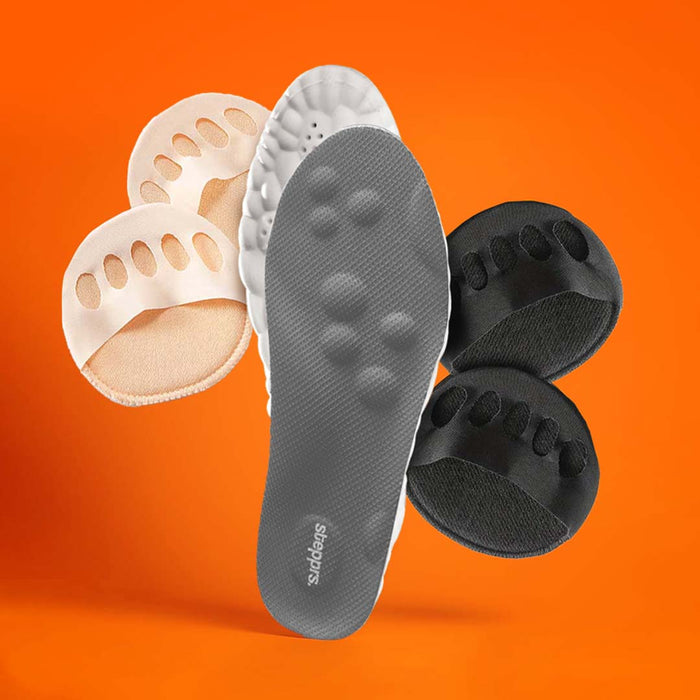 A grey insole and fabric toe cushions floating against an orange backdrop.