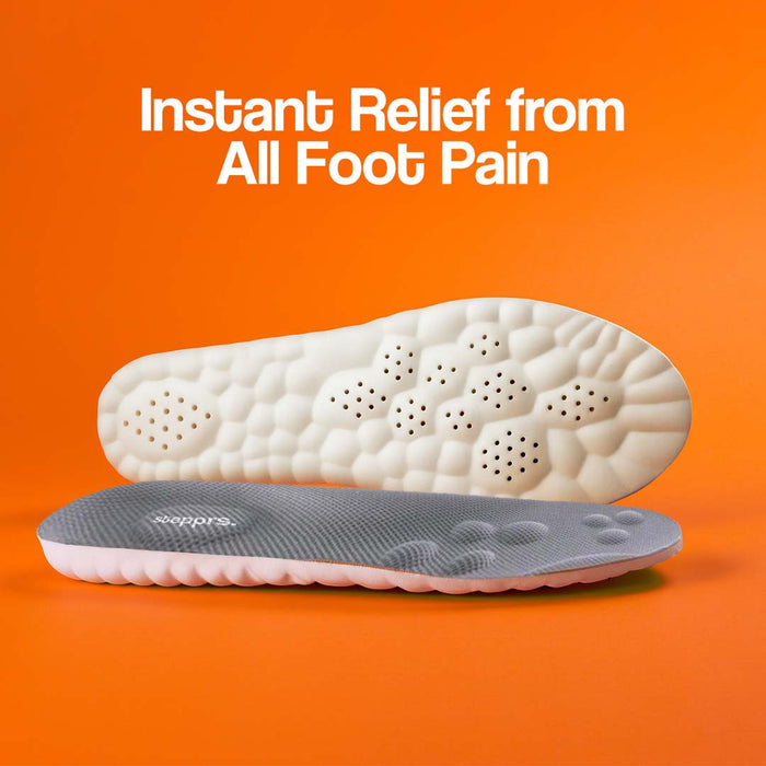 Gray insoles with textured surfaces on an orange background, designed for heel relief and foot pain alleviation.