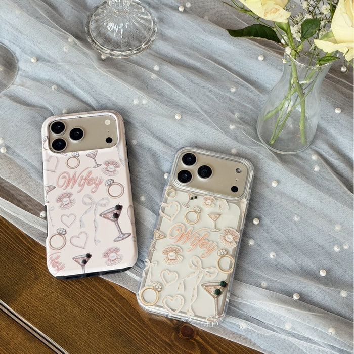 Tough and Clear wifey phone cases with decorative patterns on lace veil with pearls and flowers