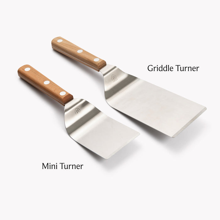 Field Mini Turner beside the larger Griddle Turner for size comparison, each labeled, on white background