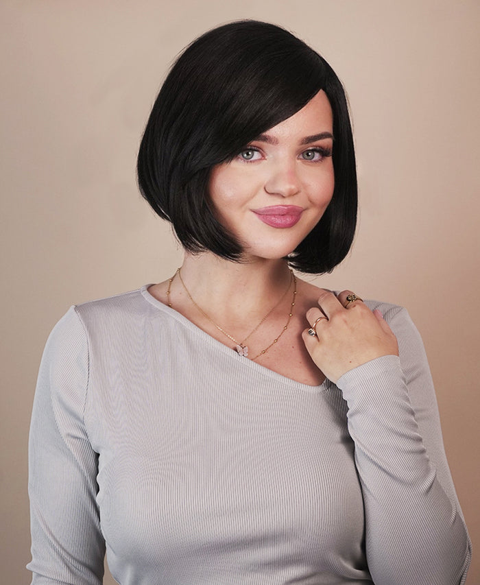 vegan fiber bob with side bangs wig - 10" black.