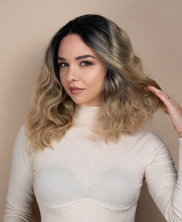 vegan fiber wavy wig - 12" rooted blonde.