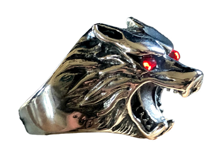 Wolf Head Bottle Opener Ring - Stainless Steel Red Eye Jewelry side view