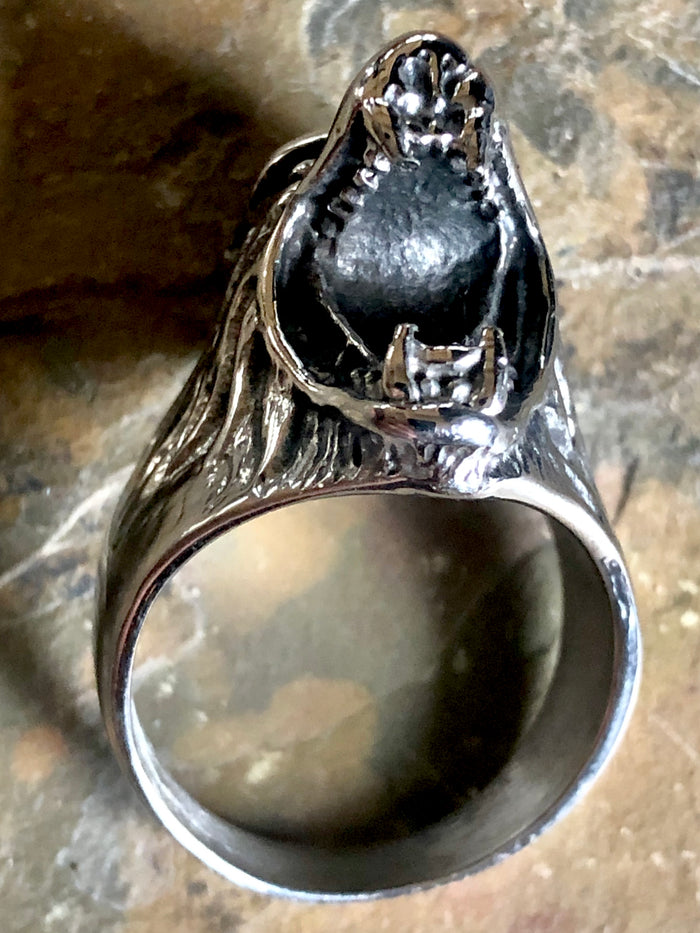 Close-up of Wolf Head Bottle Opener Ring - Stainless Steel Red Eye Jewelry detail