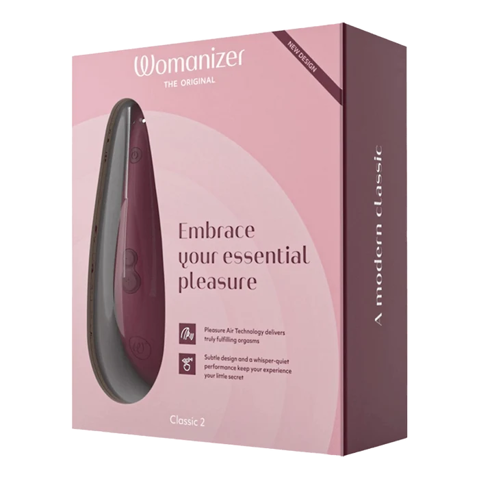 Womanizer Classic 2 produktboks i lyserosa og mørkrød med Pleasure Air teknologi