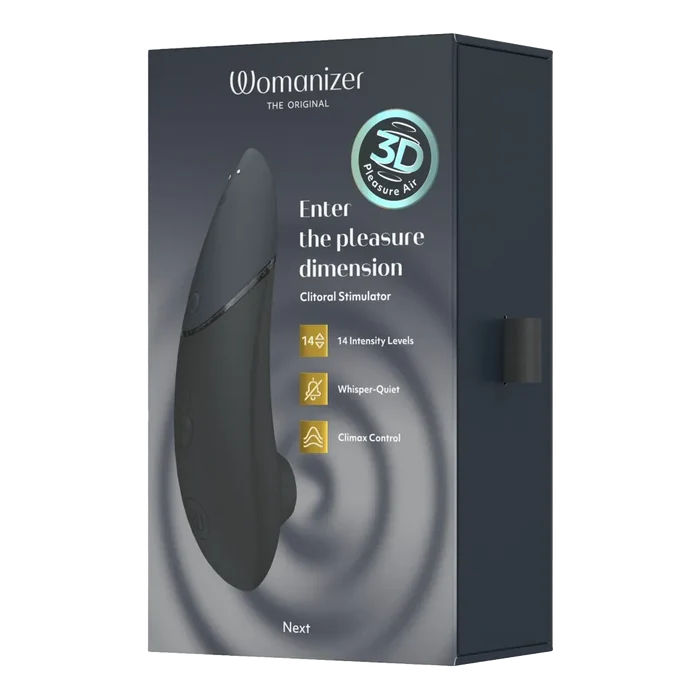 Svart Womanizer NEXT klitorisstimulator i sideprofil med metallisk stripe