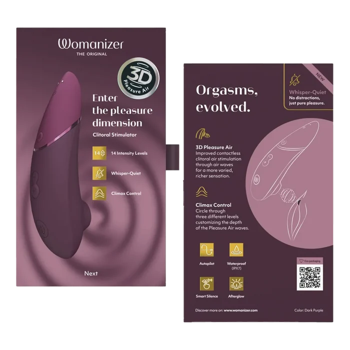 Mørk lilla Womanizer NEXT klitorisstimulator i eske med 3D Pleasure Air-teknologi