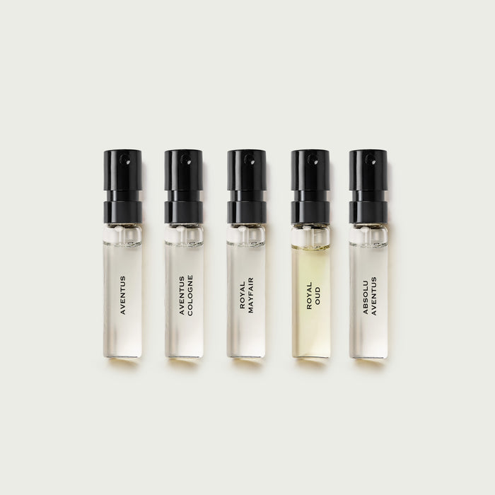 Five Creed sample vials - Aventus, Aventus Cologne, Royal Mayfair, Royal Oud, Absolu Aventus - Front View | Creed Fragrances