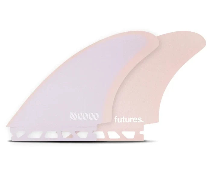 XO Coco Keel fiberglass surfboard fins pink purple Futures twin set.