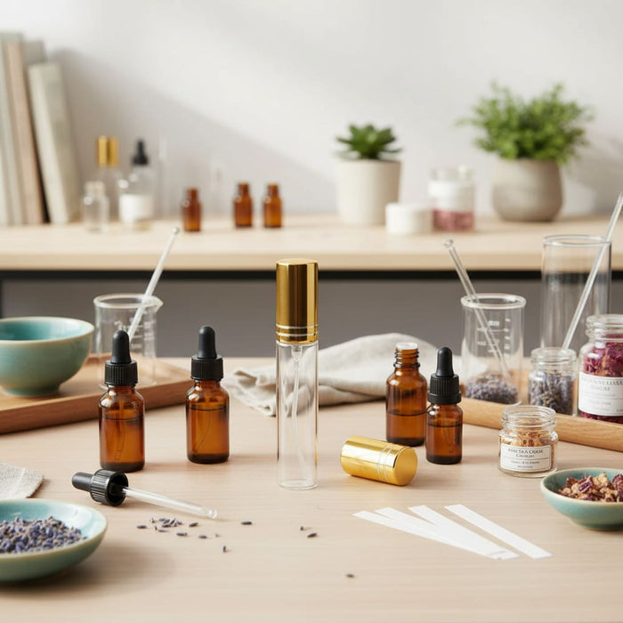 Assorted glass bottles on a table with a blurred background